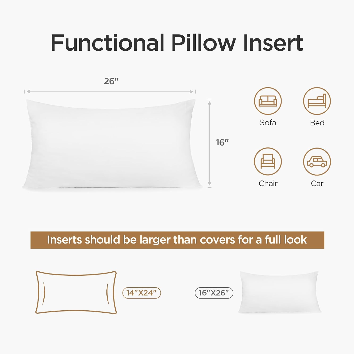 Acanva Polyester Decorative Rectangle Throw Pillow Inserts, Hypoallergenic Form Stuffer Cushion Sham Filler, 16x26, White, 1 Count (Pack of 1)