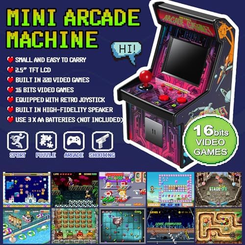 16 Bit Mini Arcade Machine Handheld Games Console for Kids Adults, 8-Way Joystick, 2.5'' Large Screen, 220 Built-in Classic Video Games, Gift for Kids