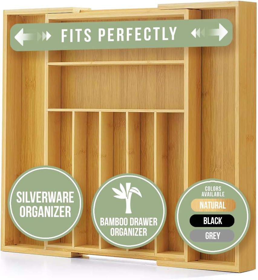 Purawood Kitchen Drawer Organizer - Expandable Utensil Drawer Organizer for Kitchen, Cutlery Tray & Silverware Organizer