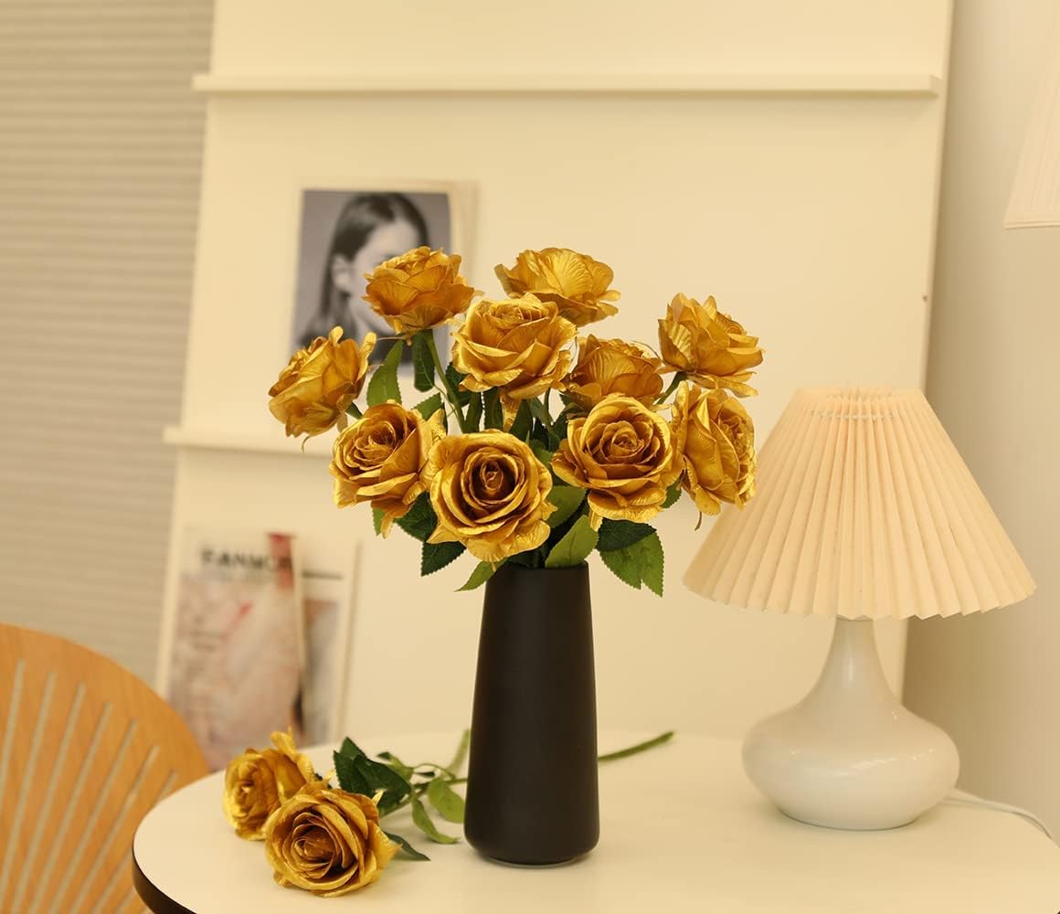 12 PCS Artificial Flowers Roses Silk Flowers Fake Long Stem Artificial Roses for Home Wedding Decorations (Yellow)