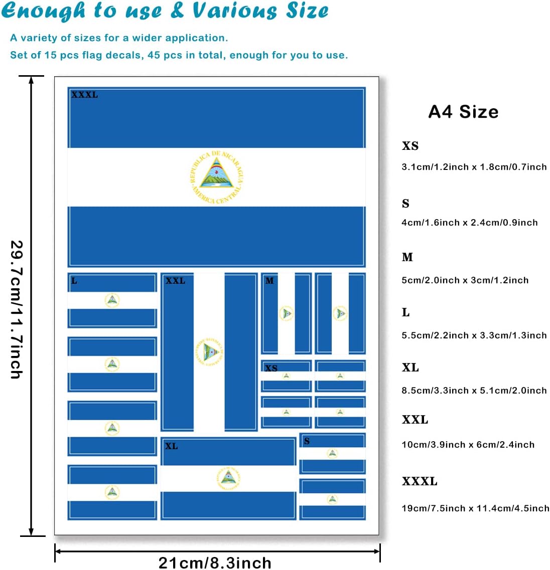 QQSD Nicaragua Flag Sticker Nicaraguan Decal in Multiple Sizes, 3 Pack, 11.7 x 8.3 Inches