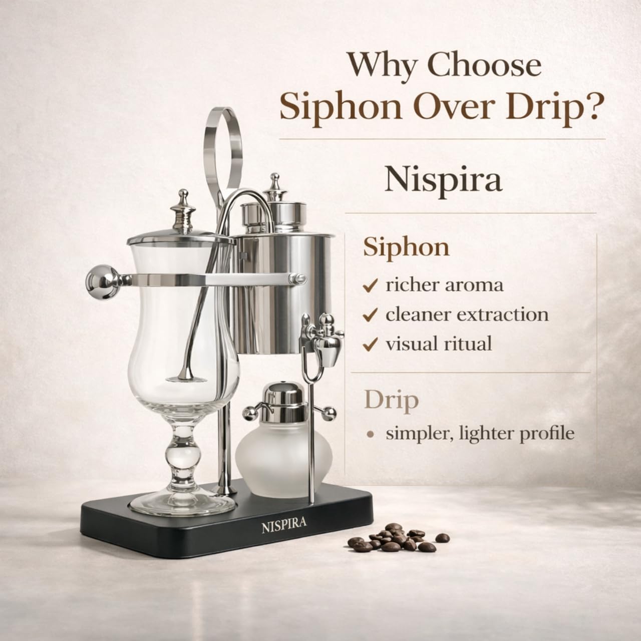 Nispira Belgian Balance Syphon Vacuum Coffee Maker, 500 ml Vintage Gravity Brewing System, Silver Finish, Manual Tabletop Coffee Brewer