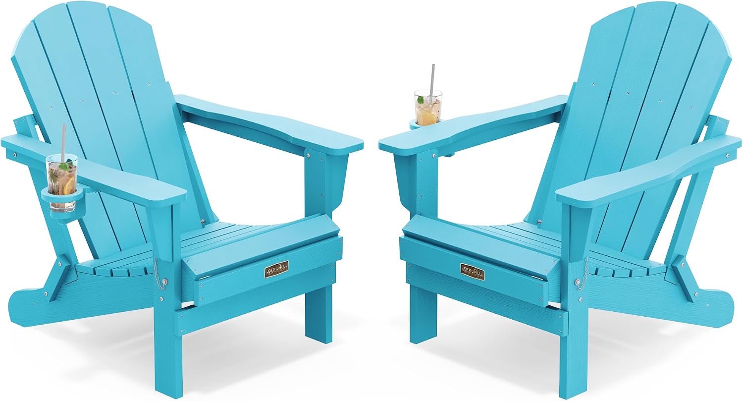 SERWALL Folding Adirondack Chairs with Cup Holder, Outdoor Fire Pit - Blue