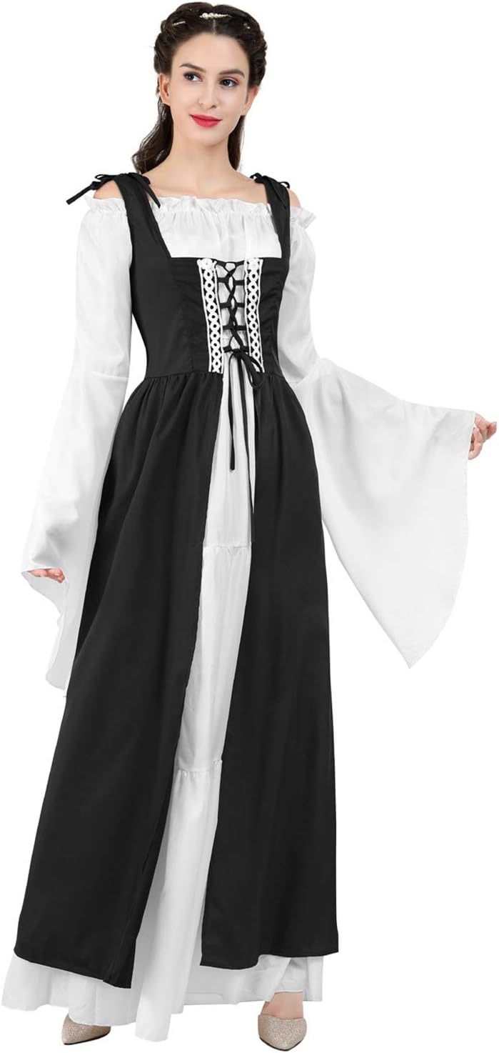 Kranchungel Renaissance Costume Women Dress: Flowy Long Sleeve Medieval Dress for Renaissance Faires & Medieval Festival