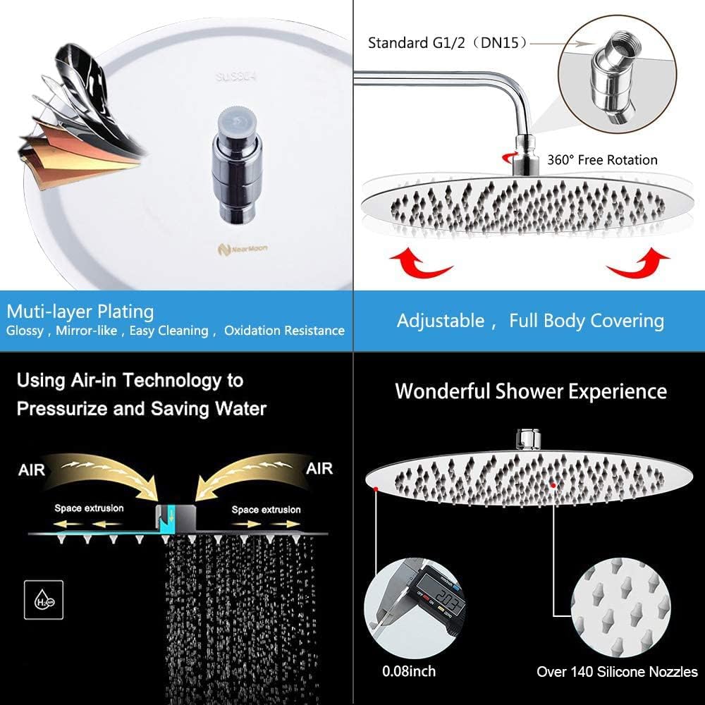 NearMoon Rain Shower Head, Ultra-Thin Design-Pressure Boosting, Awesome Some Experience, High Flow Stainless Steel Rainfall Head (10 Inch