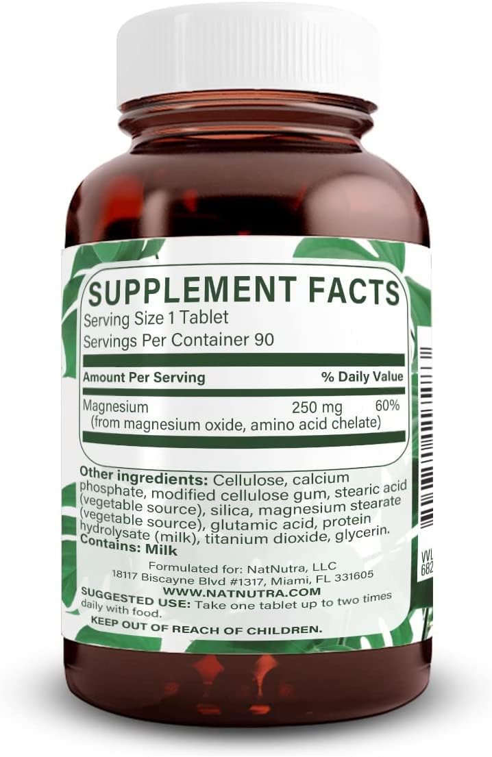 Natural Nutra Chelated Magnesium Oxide 250 mg - High Absorption for Strong Bones, Heart Health, Dental Health, Energy Boost, Gluten-Free, Non-GMO, 180 Tablets in BPA-Free Recyclable Glass Bottles