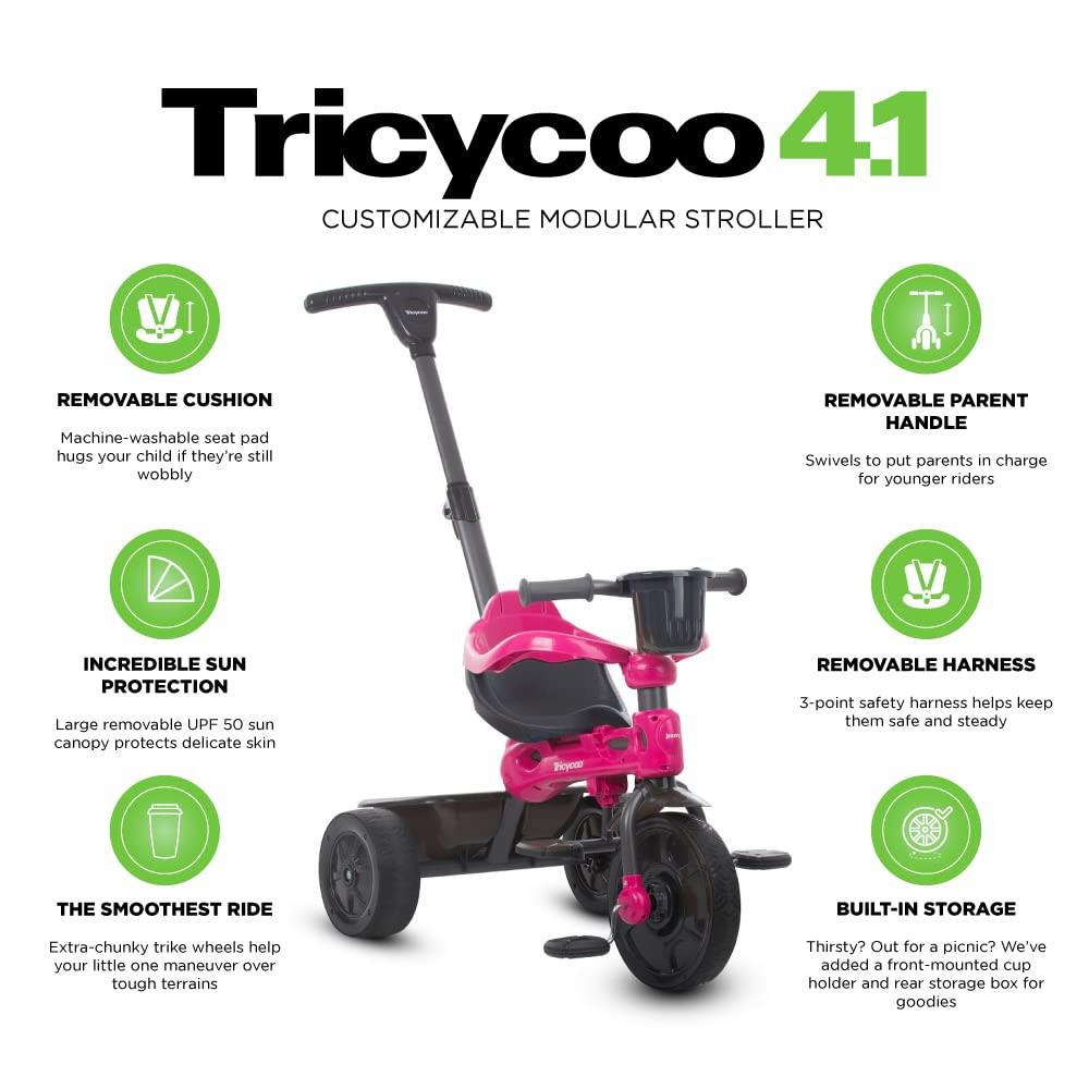 Joovy Tricycoo 4.1 Kids Tricycle with 4-Stages Featuring Extra-Wide Front Tire, Removable and Adjustable Parent Handle, Safety Harness