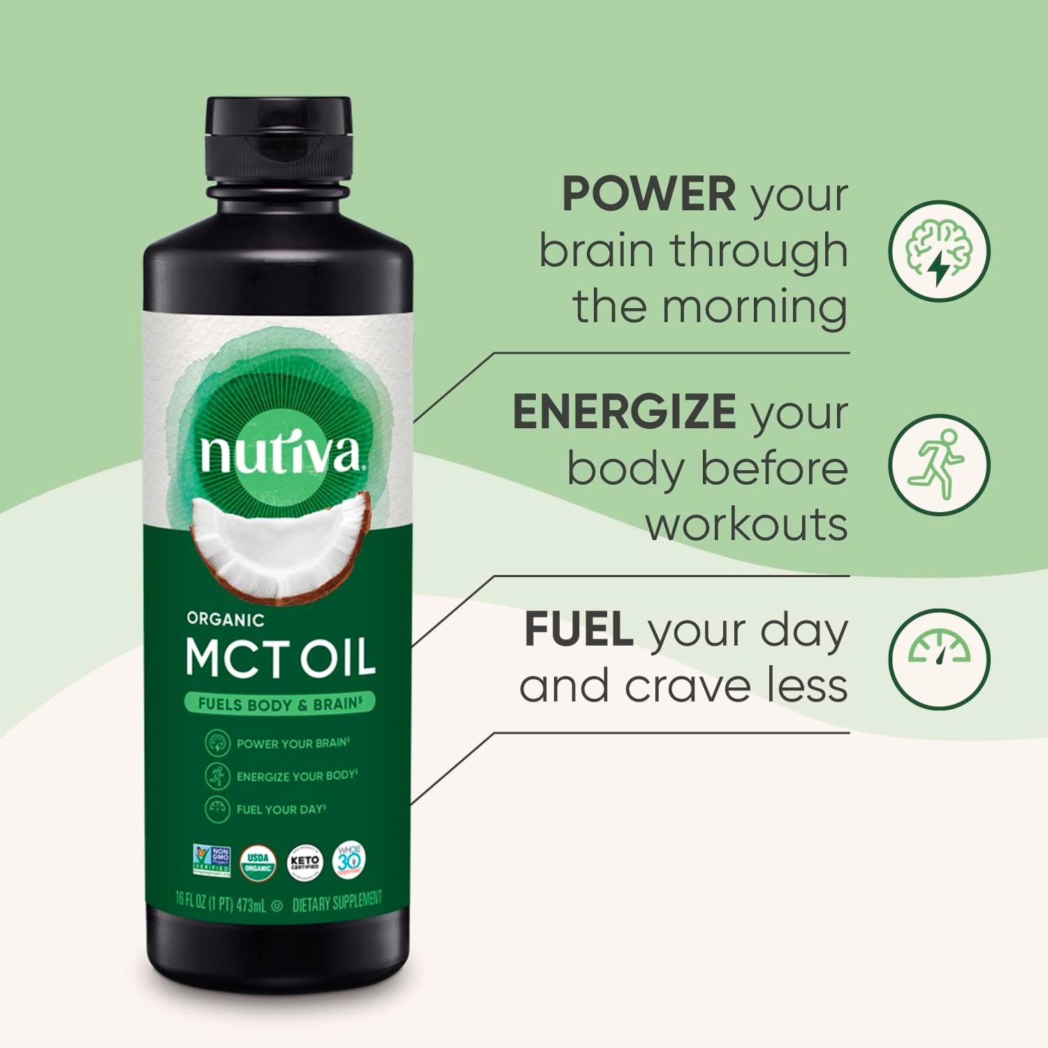 Nutiva Organic MCT Oil, Unflavored, 32 Oz, USDA Organic, Non-GMO, Non-BPA, Whole 30 Approved, Vegan, Gluten-Free & Keto, 14g MCT per Serving & Neutral Flavor for Energy Boost to Coffee, Shakes and Salads