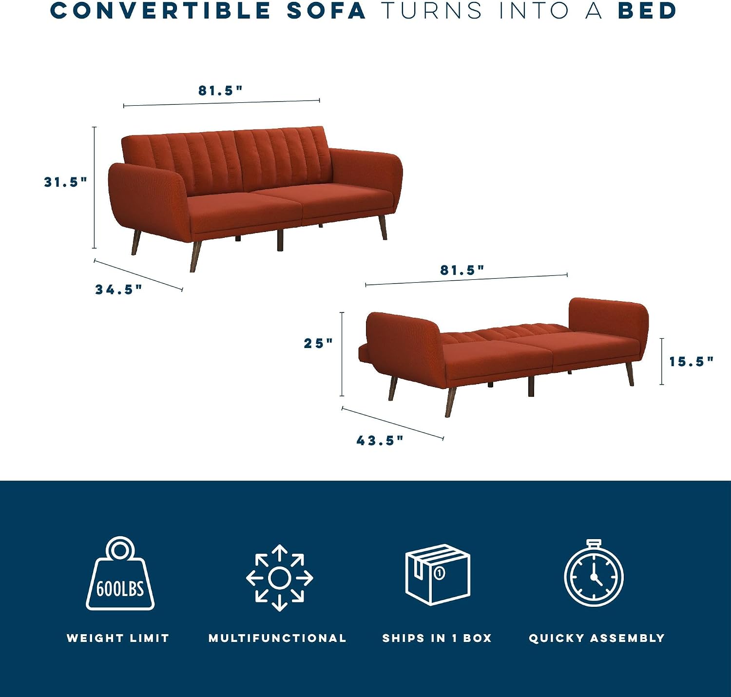 Novogratz Brittany Futon Sofa Bed and Couch Sleeper, Camel Faux Leather