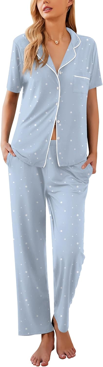 Ekouaer Womens Pajamas Set Short Sleeve Button Down Top & Pants Lounge Pjs