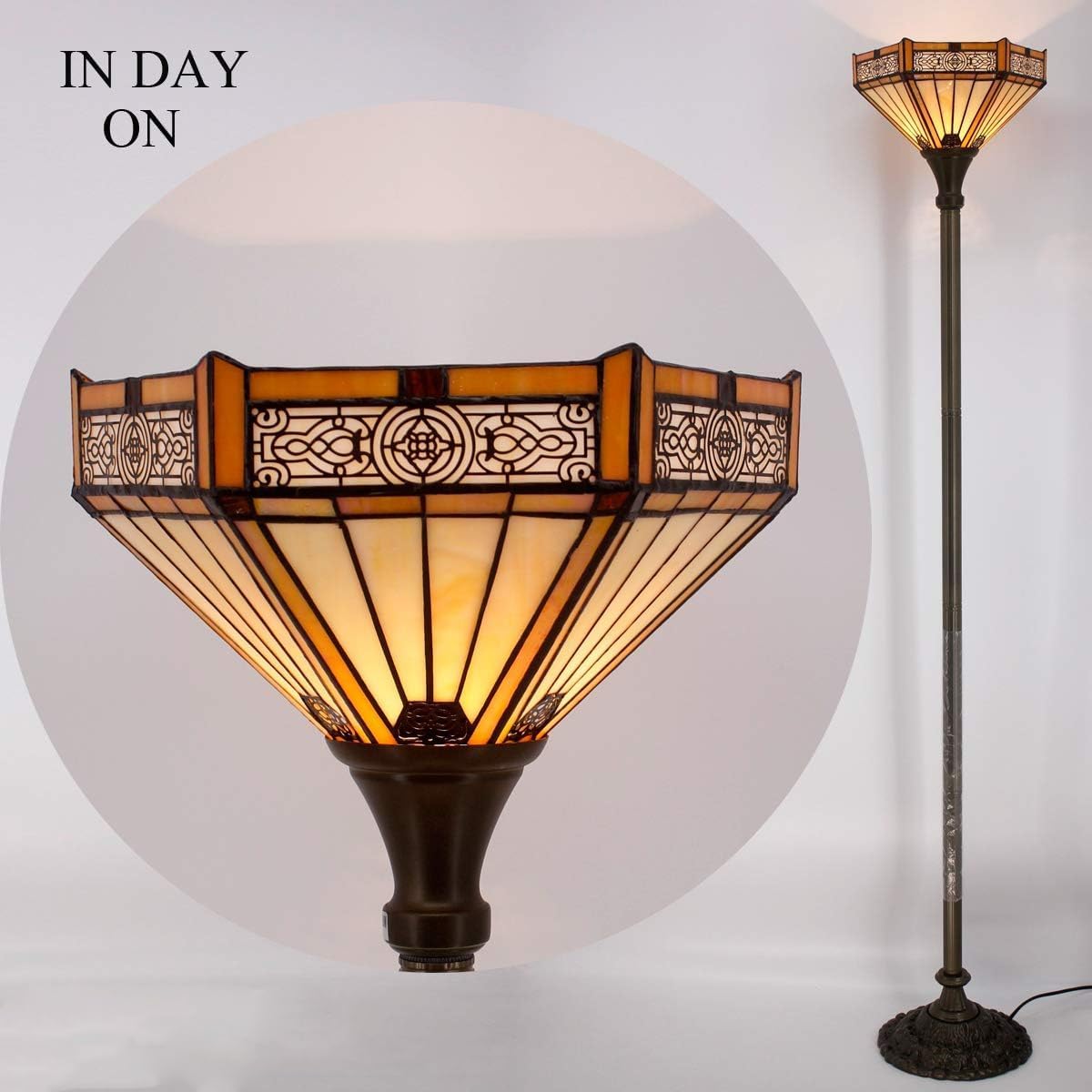 WERFACTORY Tiffany Floor Lamp Yellow Hexagon Stained Glass Mission Light | 12X12X71 Inches Torchiere Standing Corner Torch Uplight Decor Bedroom