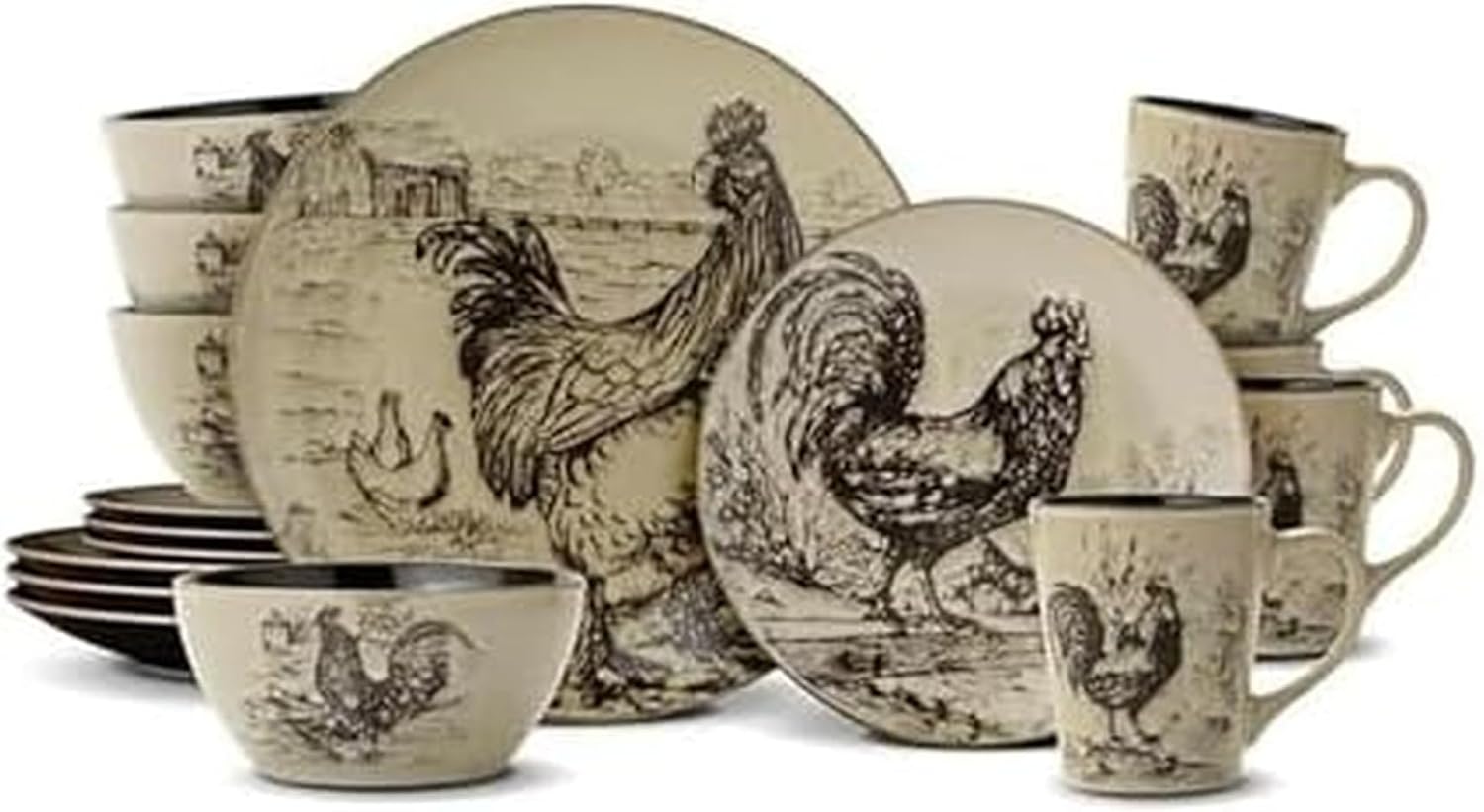 Pfaltzgraff Homespun Rooster 16-Piece Dinnerware Set, Service for 4 Brown