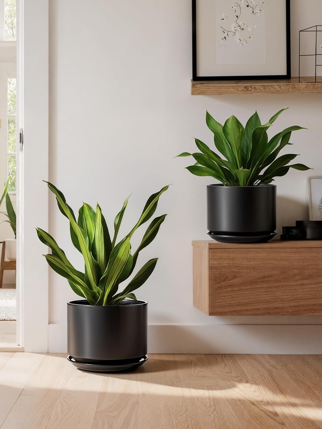 LE TAUCI Ceramic Plant Pots, 4.3+5.3+6.8 inch, Set of 3, Planters with Drainage Hole and Saucer, Indoor Flower Pot with Hole Mesh Pad, Gifts for Mom