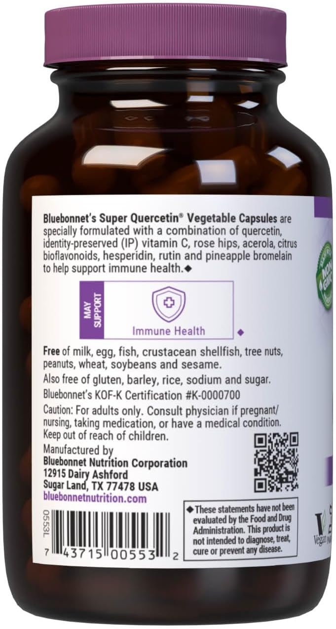 Bluebonnet BB-553 Nutrition Super Quercetin Vegetable Capsules, Vitamin C Formula, Best for Seasonal & Immune Support, Non GMO, Gluten Free, Soy Free