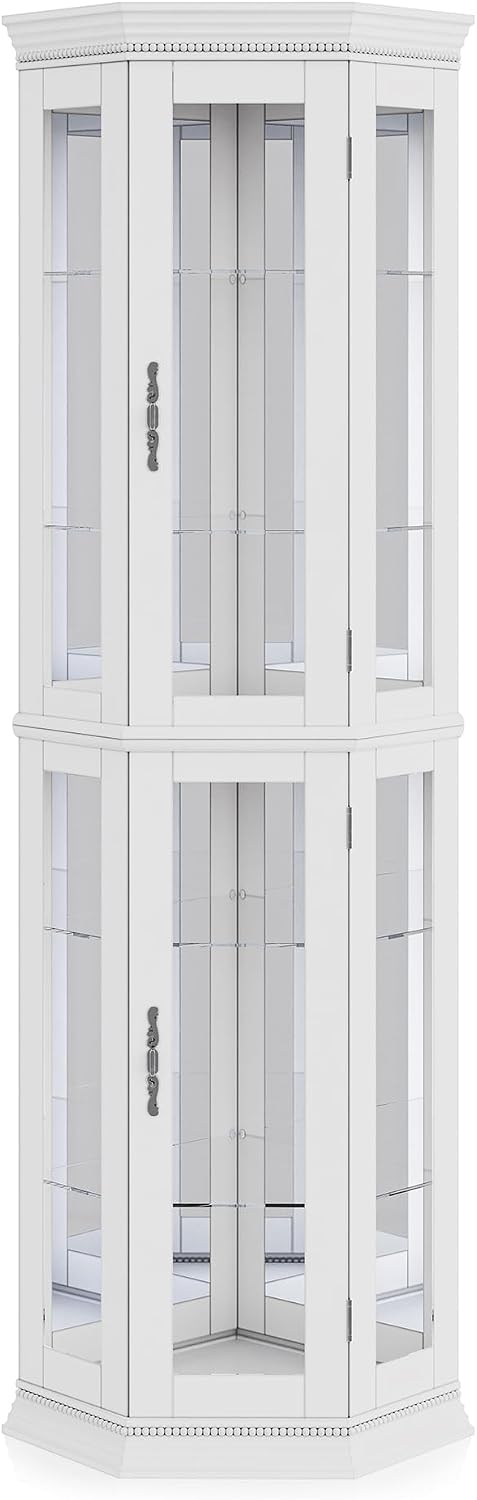 BELLEZE Lighted Wooden Corner Display Curio Cabinet, Two Section Shelving Unit with Tempered Glass Door