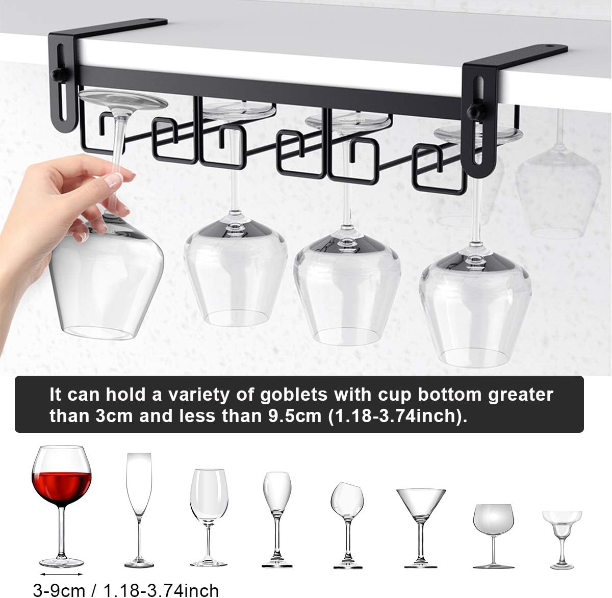 Under Shelf Wine Glass Holder - Black, Stemware Rack for Cabinet, Holds Multiple Glasses