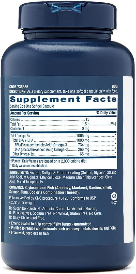 GNC Triple Strength Fish Oil Omega 3 Supplement, 1000mg EPA and DHA, Supports Heart, Brain, Skin, Eye and Joint Health, 60 Softgels