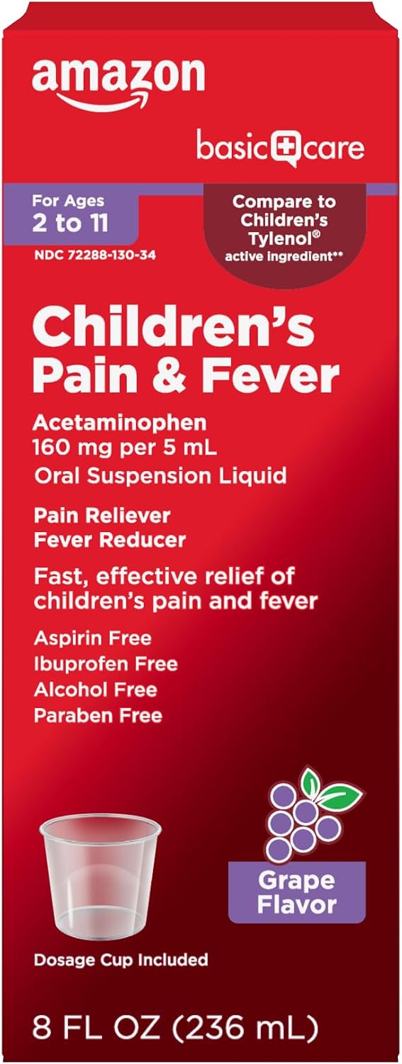 Amazon Basic Care Children's Acetaminophen 160 mg per 5 mL Oral Suspension, Grape Flavor, Pain Reliever and Fever Reducer, 4 fl oz