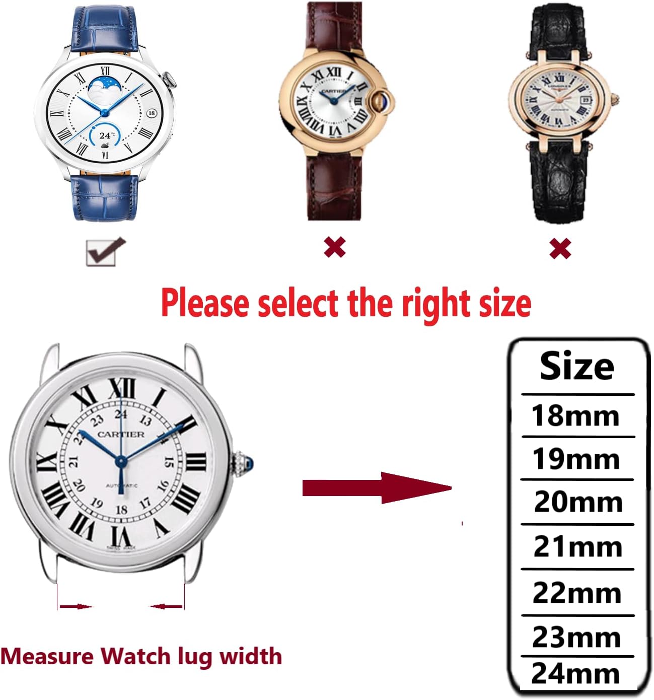 Moran Genuine Leather Watch Band 18mm 19mm 20mm 21mm 22mm 23mm 24mm Calf Grain Watch Strap for Men and Women 18mm Black-Silver Buckle