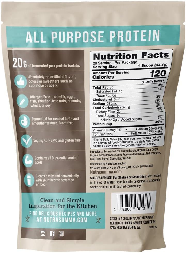 Pea Protein Powder, Vegan Chocolate Flavor, 100% Plant Based, No Artificial Sweeteners, Non GMO, Gluten Free & Soy Free, 2.11 LB