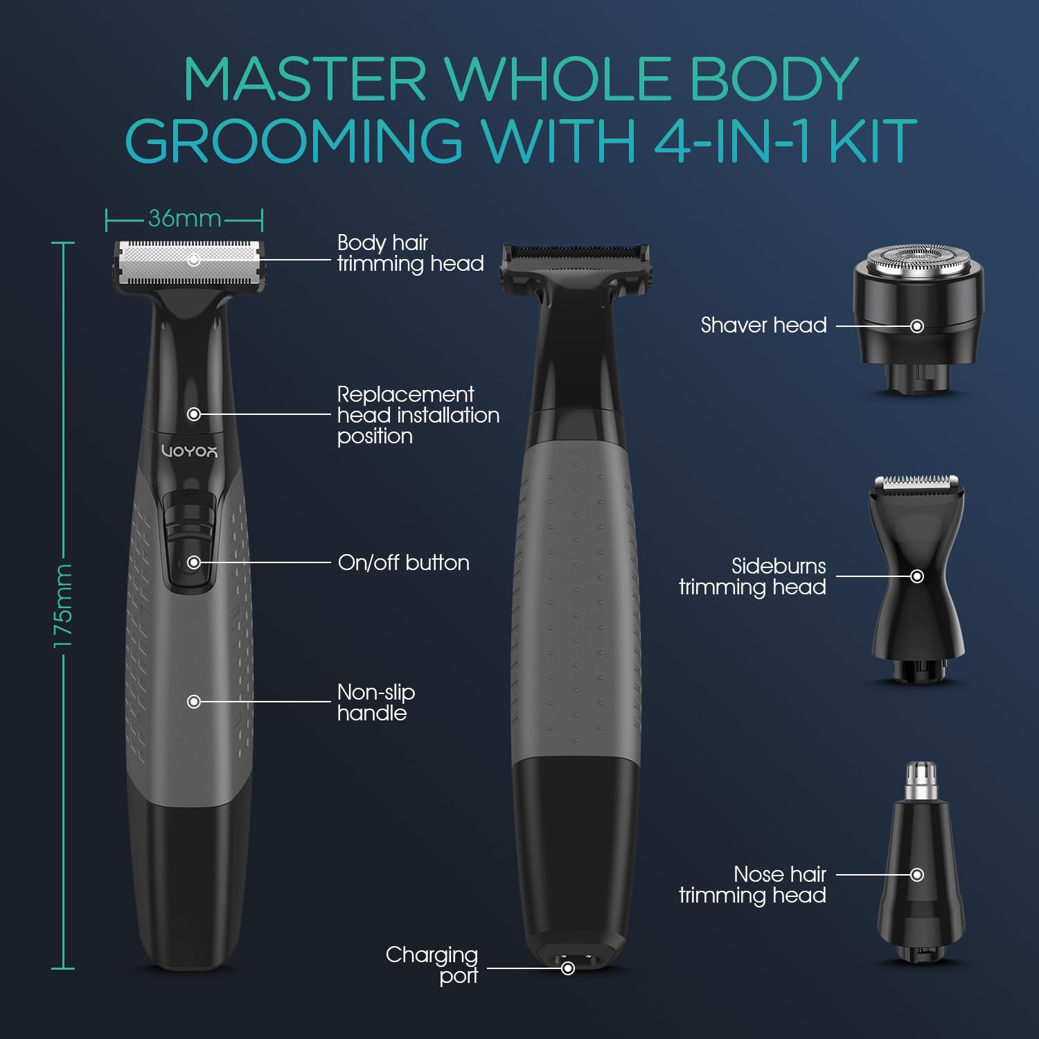 VOYOR Beard Trimmer for Men, Electric Razor for Face, Body & Nose, Wet/Dry