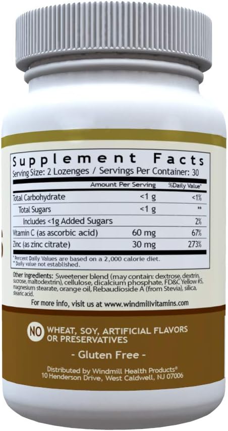 Windmill Health Natural Vitamins Zinc Lozenges with Vitamin C Honey Lemon Flavor, Immune System Support, Provides Antioxidant Support