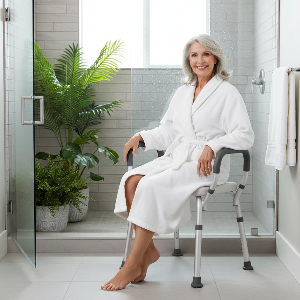 NOVA Bath & Shower Seat with Padded/Removable Arms - for Seniors, Handicap & Medical Use, Adjustable Height, Aluminum Frame, Non-Skid Safety