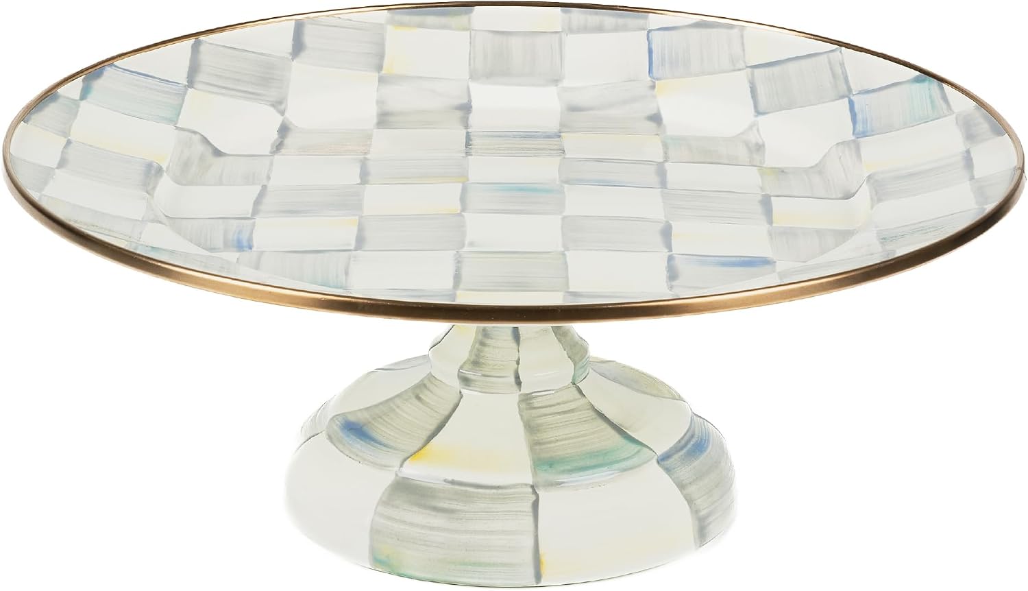 MACKENZIE-CHILDS Pedestal Platter, Mini, Black-and-White Courtly Check | Hand-painted design, made from enameled steel, stackable round cake stand for serving desserts, 8" dia. x 3" H