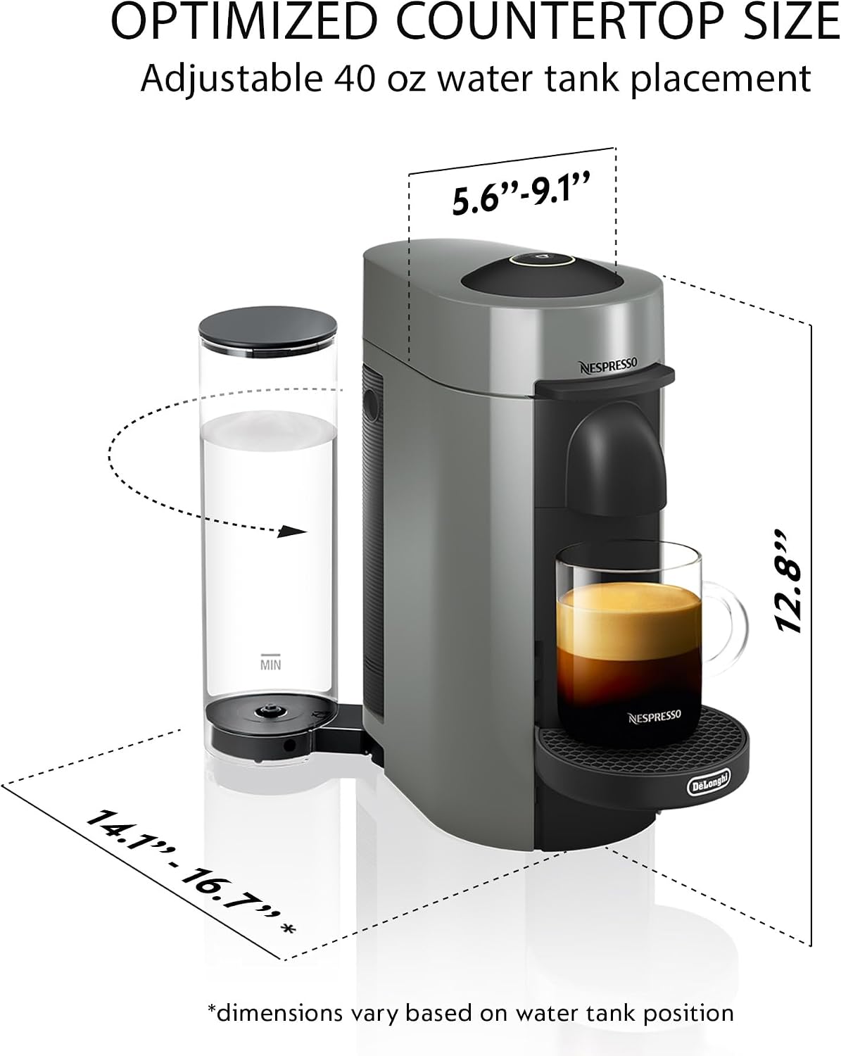 Nespresso Vertuo Plus Coffee & Espresso Maker by De'Longhi, Grey | Grey coffee machine that brews 4 cup sizes: 5 and 8 oz. coffee, plus single and double espresso, at the touch of a button.