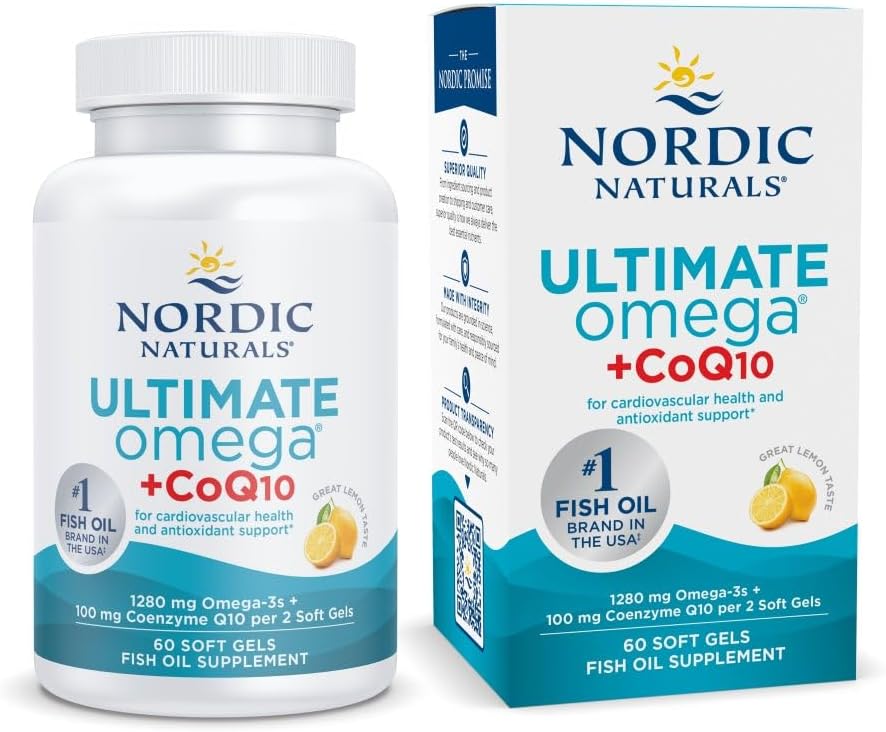 Nordic Naturals Ultimate Omega + CoQ10, Lemon - 60 Soft Gels - 1280 mg Omega-3 + 100 mg CoQ10 - Heart Health, Cellular Energy, Antioxidant Support - Non-GMO - 30 Servings