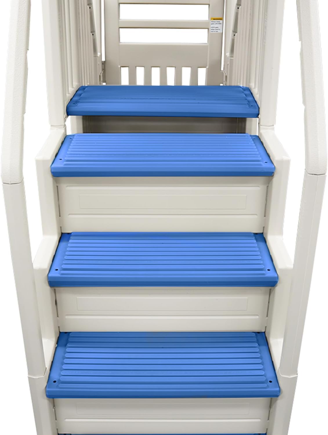 Confer Entry System for Above Ground Pools | White Frame with Blue Steps | All Resin Bridge System with Handrails and Gate