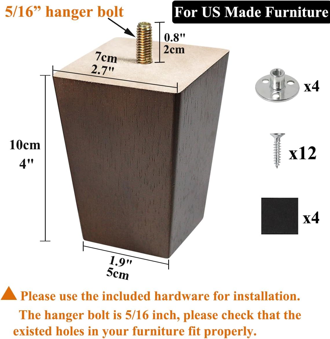Sofa Legs Square Bed Feet 2 inch Wood Replacement Leg for Furniture Set of 4, Dark Brown
