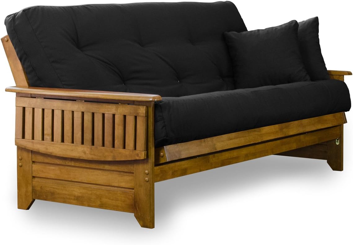 Brentwood Tray Arm Futon Sofabed Set - Queen Frame, 8" Microfiber Fudge Mattress, Heritage Finish