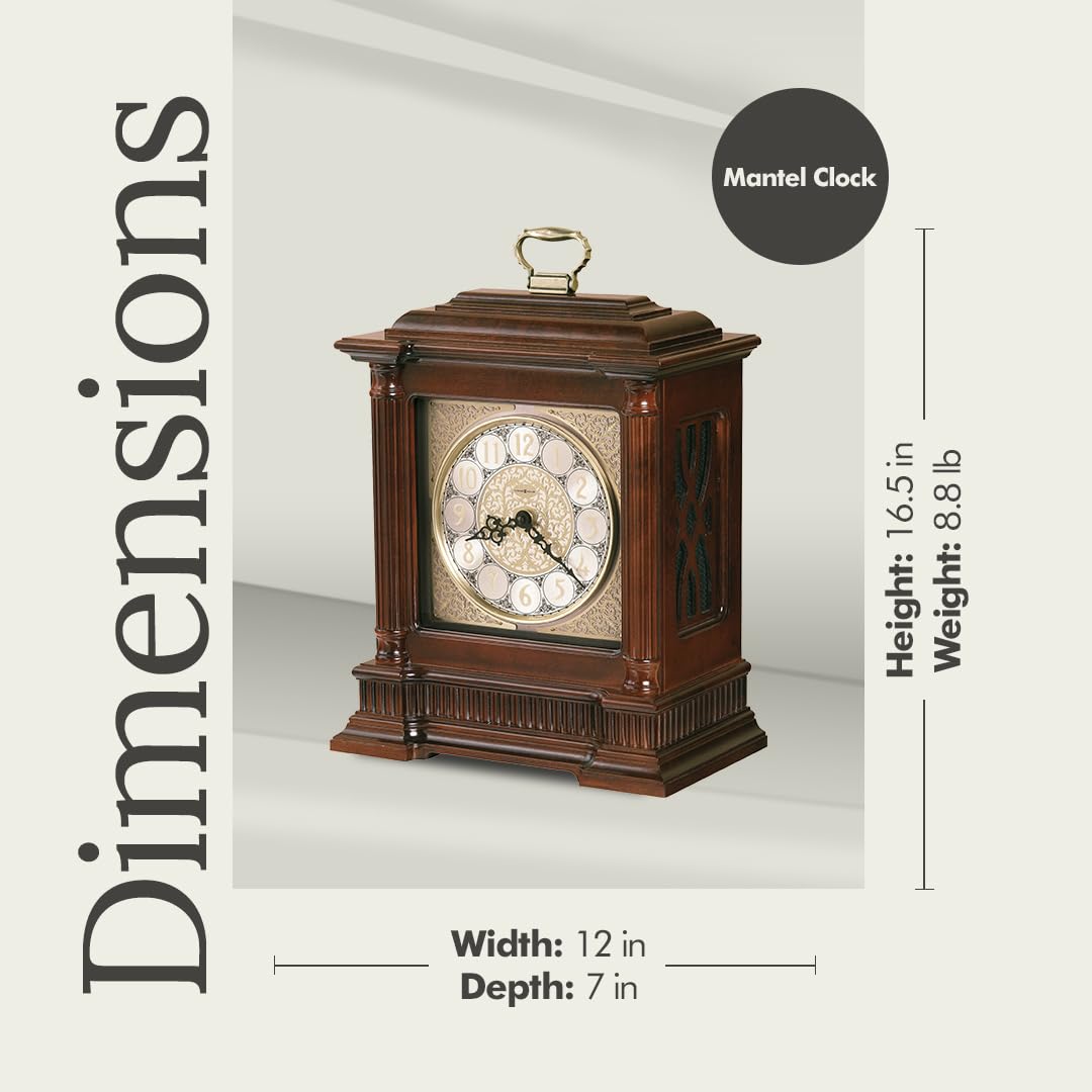 Howard Miller Akron II Mantel Clock – Windsor Finish, Dual-Chime Kieninger Movement, Arabic Numerals, Brushed Nickel Dial, Wooden Base