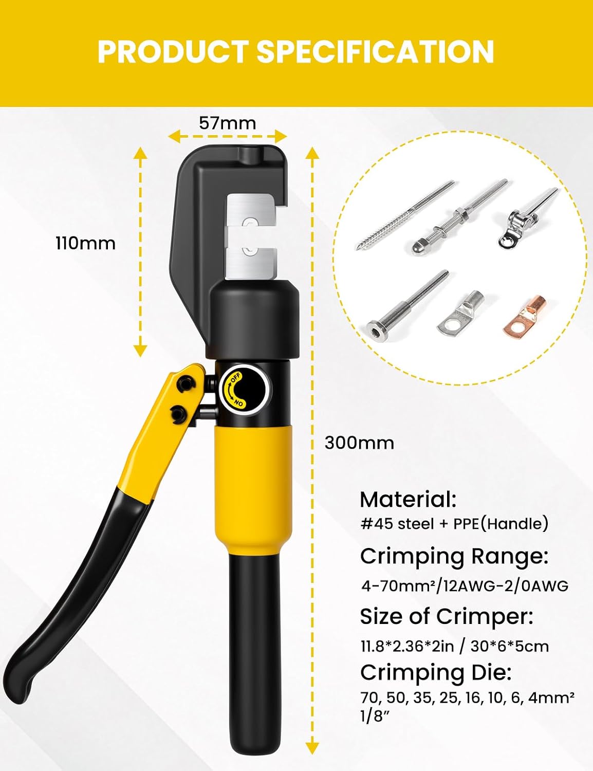 10 Tons Hydraulic Crimping Tool, 12 to 2/0 AWG battery cable crimper | 9 Pairs of Dies hydraulic crimper, for Battery Cable Lugs, Cable Railing, Marine, RV and Solar Wiring