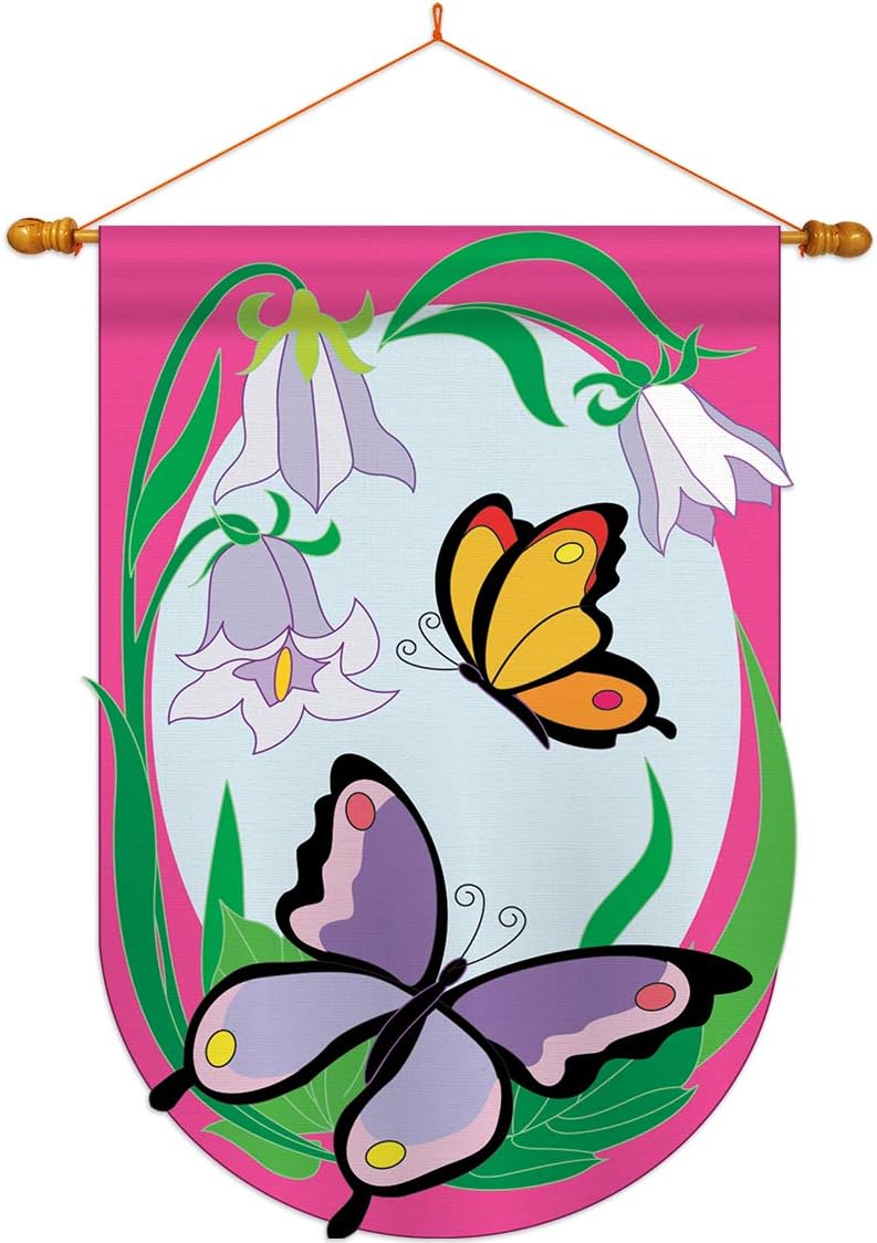 Two Group HS104048-P2-03 Butterflies Garden Friends Bugs & Frogs Applique Decorative Vertical 28" x 44" Double Sided House Flag Set Wood Dowel with