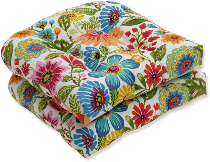 Pillow Perfect Bright Floral Indoor/Outdoor Tufted Wicker Seat Cushion, 2 Count, 19" x 19", Blue/Tan Telfair Peacock