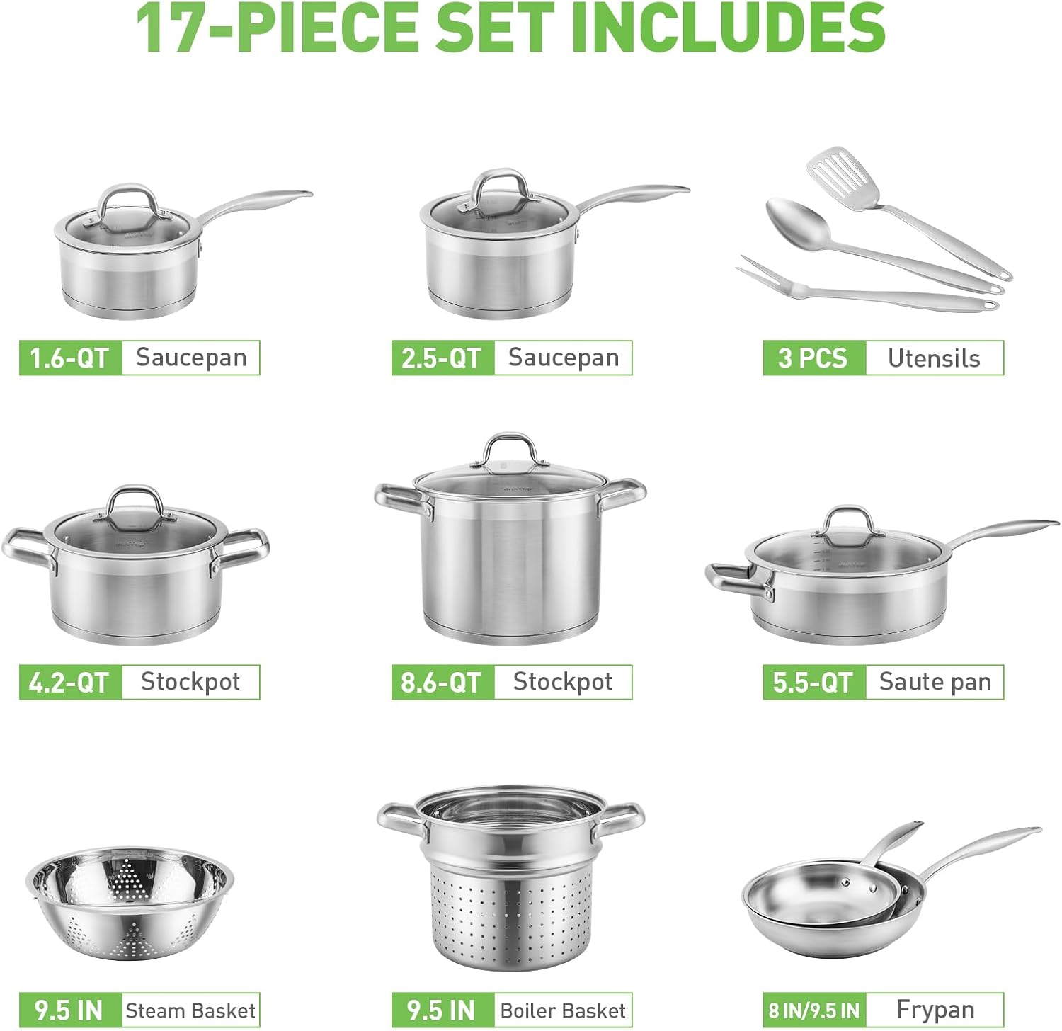 Duxtop SSIB-17 Professional 17 piece Stainless Steel Induction Cookware Set, Impact-bonded Technology | Family Kitchens, Impact Bonded Base