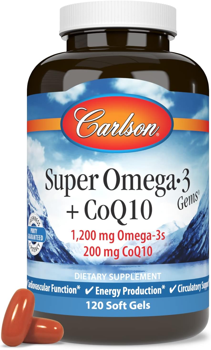 Carlson Super Omega-3 Gems + CoQ10, 1200 mg, Omega-3s, 60 Softgels | 200 mg CoQ10; Norwegian; Wild Caught; Sustainably Sourced