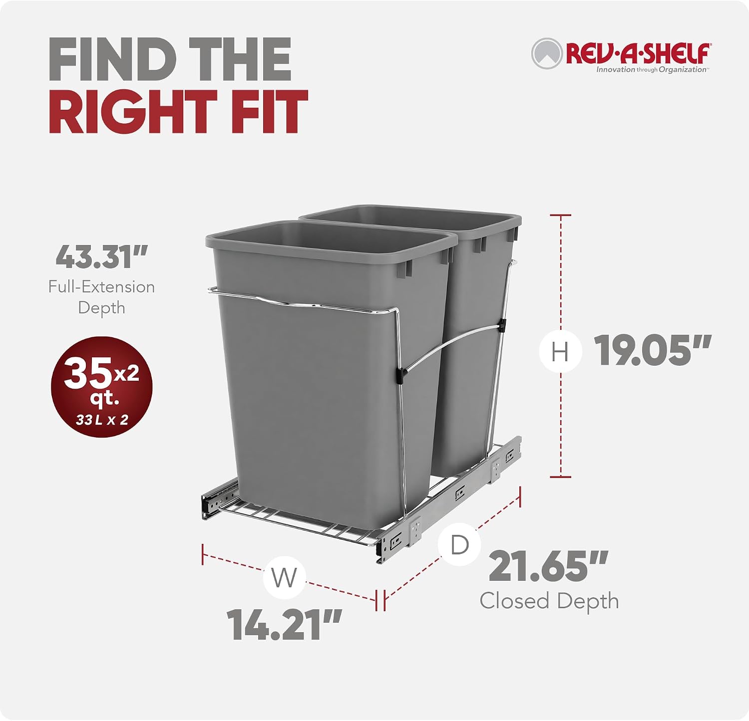 Rev-A-Shelf Double Pullout Garbage Trash Cans for Kitchen Cabinets, 35 Qt