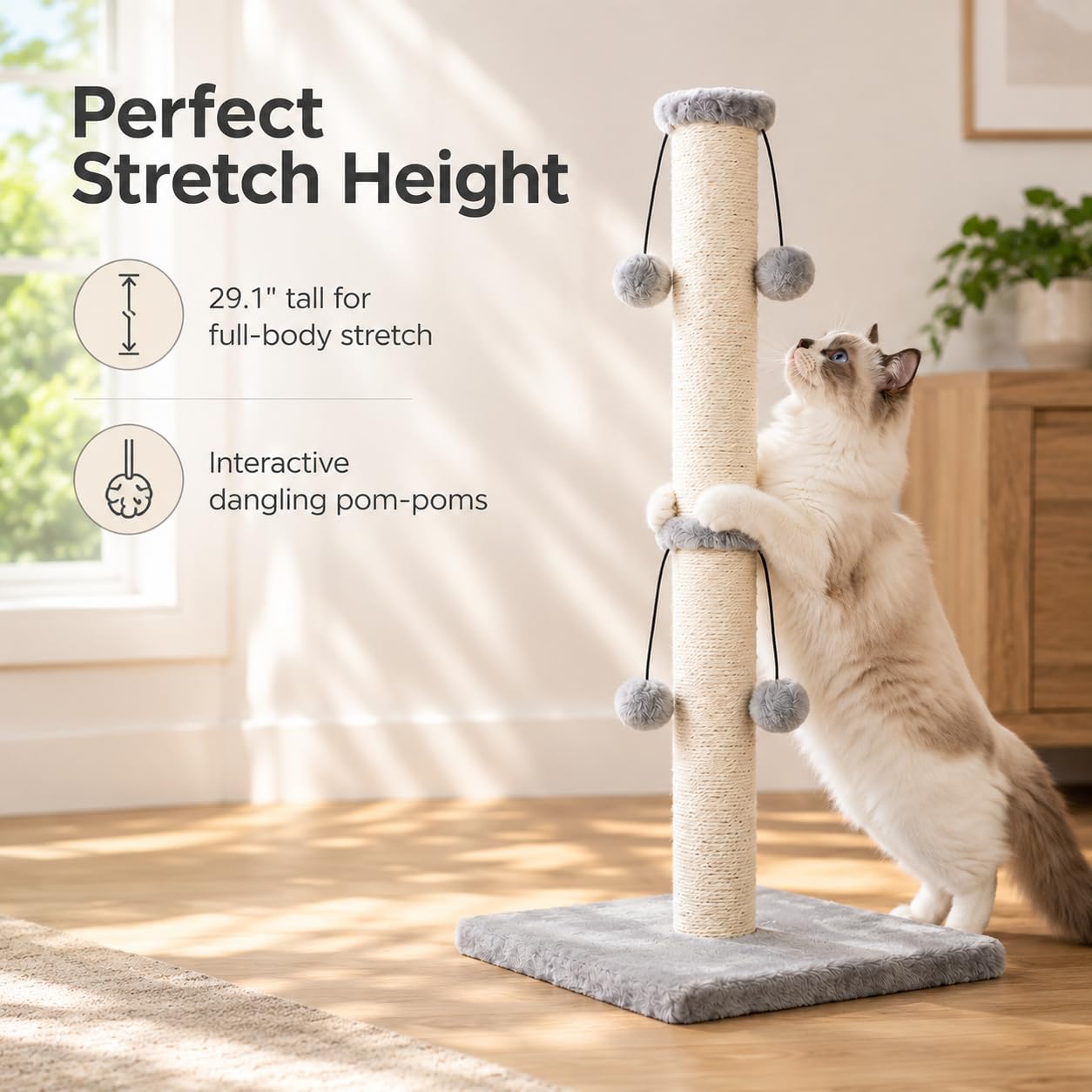 Dimaka 29'' Cat Scratching Post, Natural Sisal Rope Scratcher Post, Kitten Claw Scratch with 4 DanglingToy Balls for Large Cats (Grey)