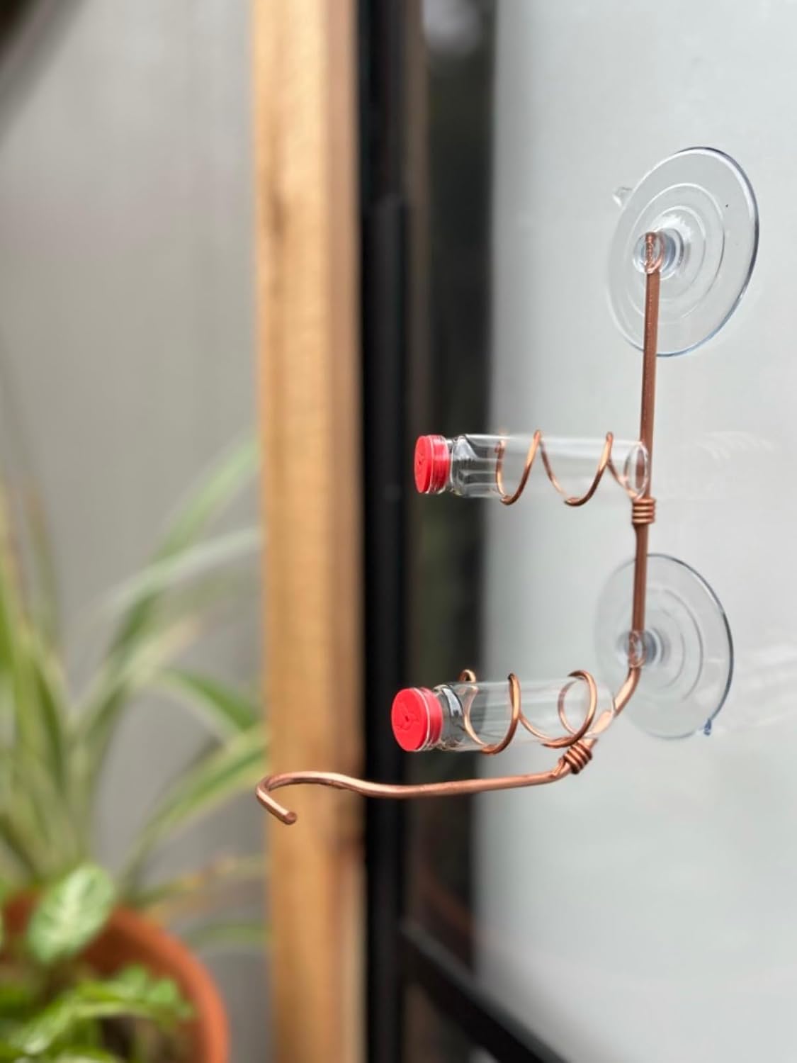 Window Hummingbird Feeder | Handcrafted Copper and Aluminum | Multiple Stations | Modern Hummingbird Feeder | Glass Bottles | Suction Cups (Copper, Four Station)