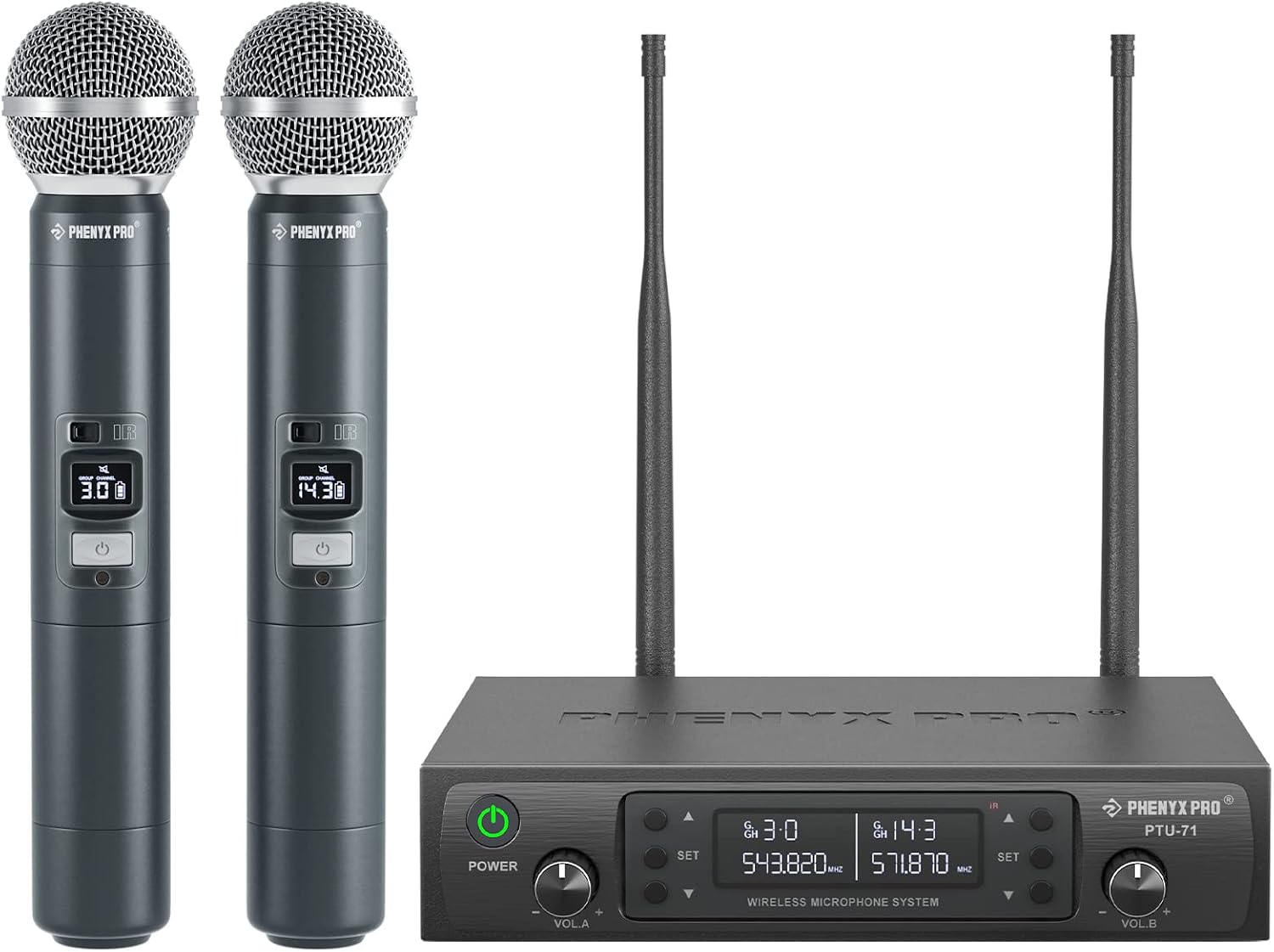 Phenyx Pro Dual UHF Auto Scan Handheld Wireless Microphone System PTU-71-2H | 2 Dynamic Mics, 2 x 100 Frequencies, 328 ft Range, Live Vocals