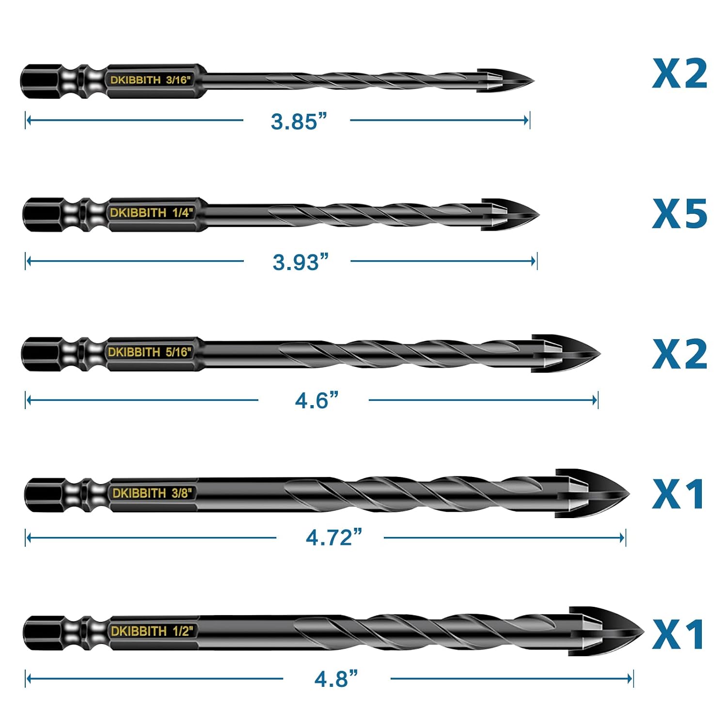 10-Piece Masonry Drill Bit Set for Concrete Tile Glass Ceramic Brick, 1/8 to 1/2 Inch Drilling Bits with Triangle Handle