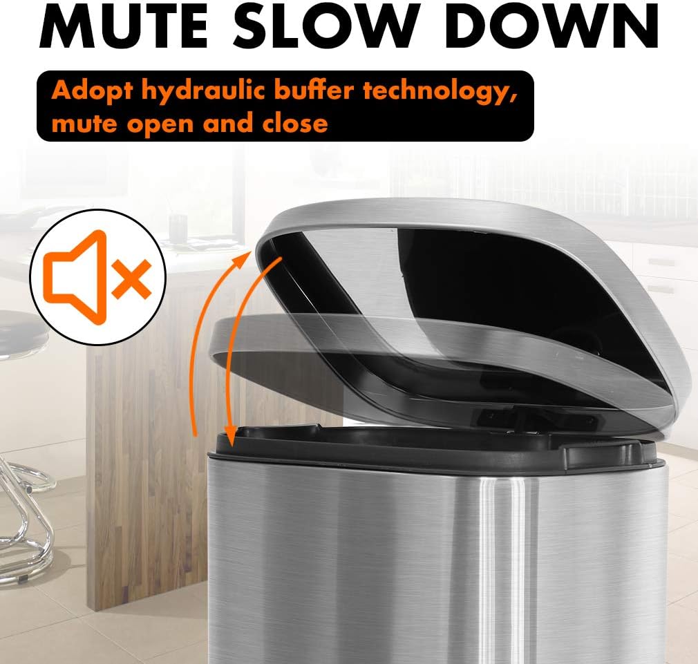 FDW | 13 Gallon Trash Can with Lid | Steel | Fingerprint-Proof | Made of Brushed Stainless Steel | Soft-Close Step Pedal | Hands-Free Use | Easy to Clean | for Kitchen, Office, Bathroom