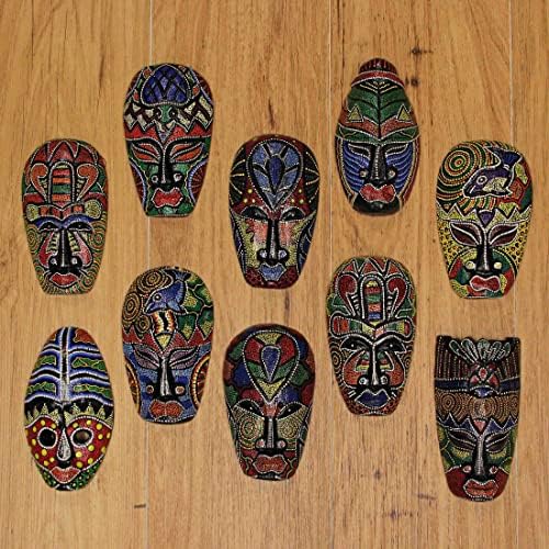 Set of 10 Colorful Hand Carved Tropical Island Dot Painted Tribal Masks 6 1/2 Inches High Wall Hangings | Dot-Painted Indonesian Designs