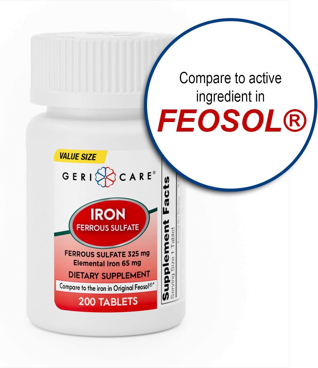 GeriCare Ferrous Sulfate Tablets 325mg, Elemental Iron 65 mg High Potency Iron Supplement | Dietary Supplement 100 Count. (Pack of 1)