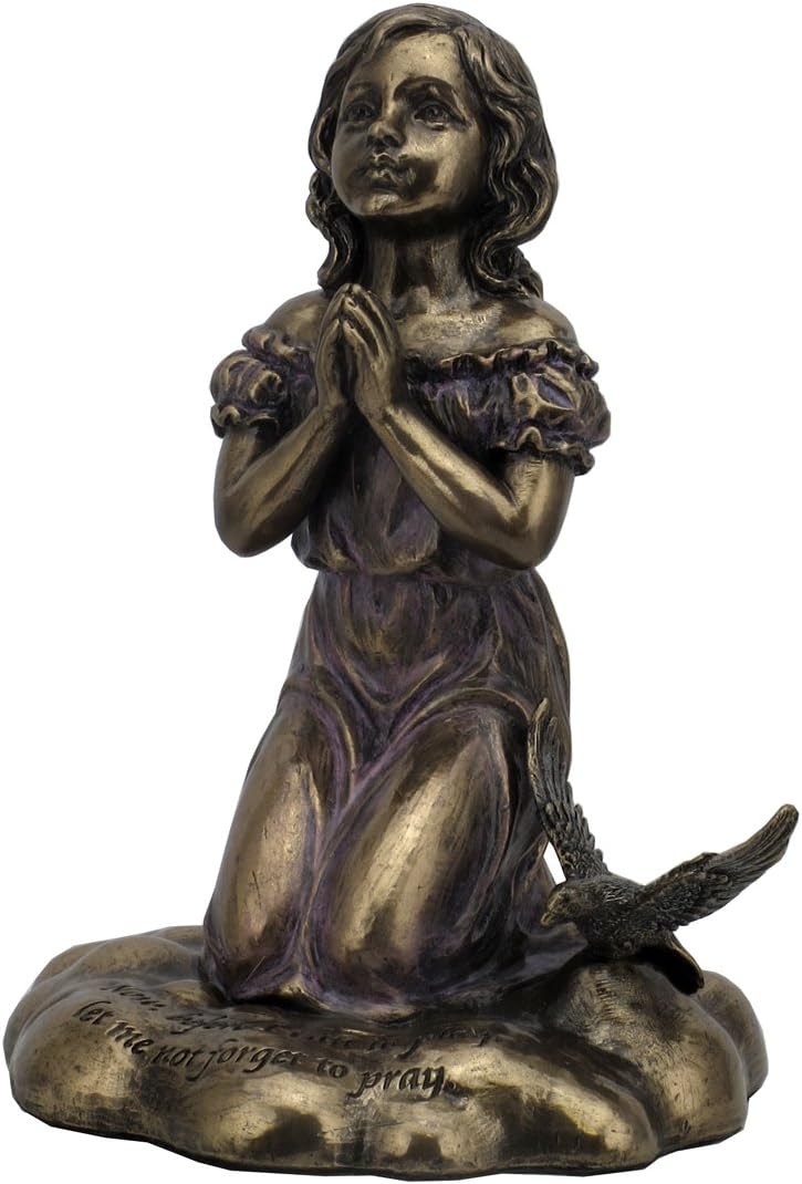 5.12" Cold Cast Bronze Color Praying Girl Kneeling Next to Bird Statue