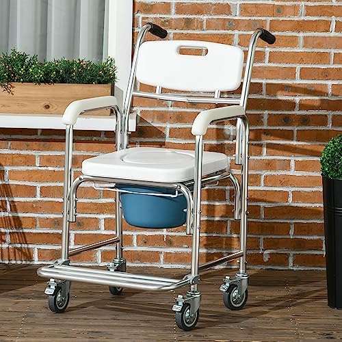 HOMCOM 3-in-1 Shower Commode Wheelchair, FSA/HSA Eligible Transport Beside Commode Chair