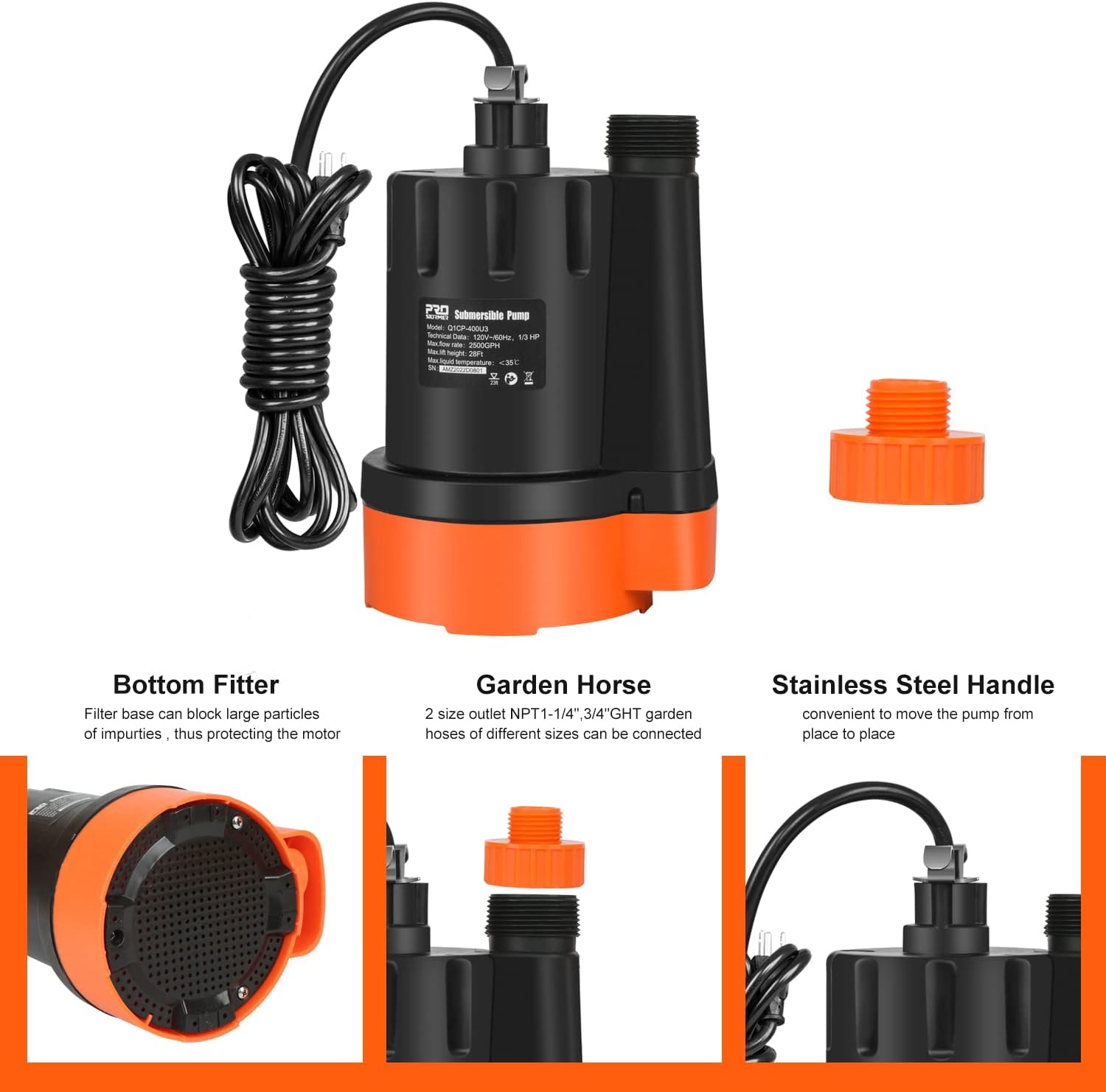 1/3 HP Submersible Water Pump, 2500GPH Utility Pump | Portable Electric Clean Water Drainage Pump for Pool Draining, Flooding
